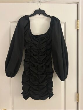 PrettyLittleThing Black Ruched Puff Sleeve Mini Dress